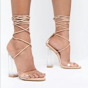 Clear Heel Tie up Nude Sandal